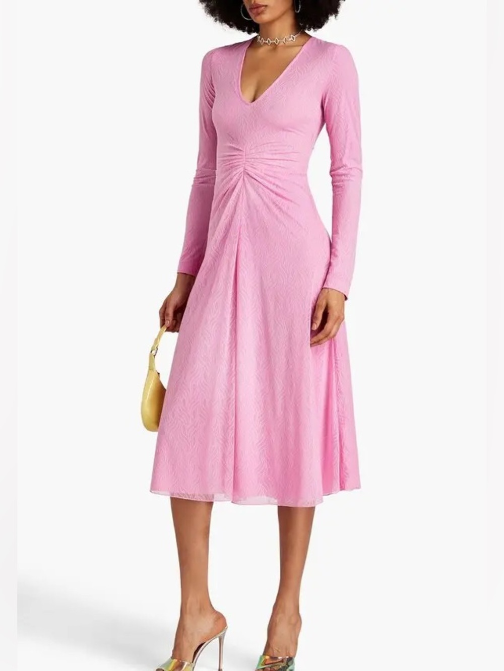 Rotate Flared Lace Pink Midi Dress with Draped Detail